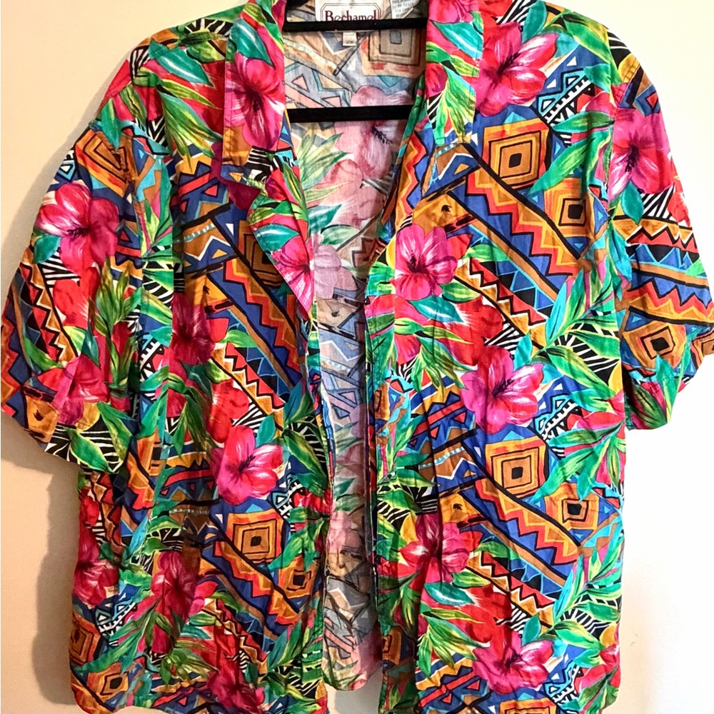 Bechamel Tropical Floral Button-Up Blouse in Pink, Green, Blue, Orange